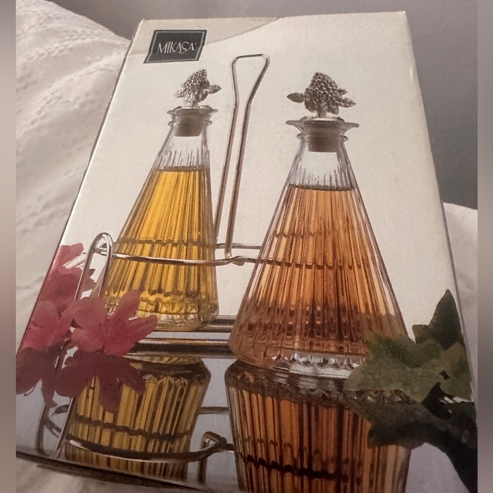 This is a vintage Mikasa Diamond Fire oil and vinegar cruet set from the 80s.